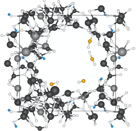 Les simulations du magma (dont tous les atomes sont représenté en gris) montrent que la formation des bulles de gaz et dominée par le CO2 (carbone en jaune), tandis que les atomes d’hydrogène (en bleu) restent dissous dans le magma silicaté.